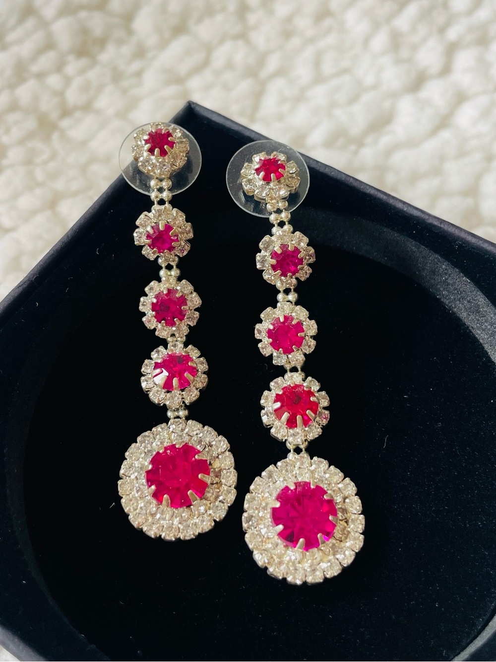 Elegant Silver-Tone Drop Earrings with Pink Crystal Accents